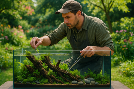 generate a man doing aquascaping works in a garden