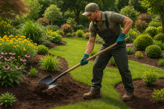 generate a man doing landscaping works in  a garden